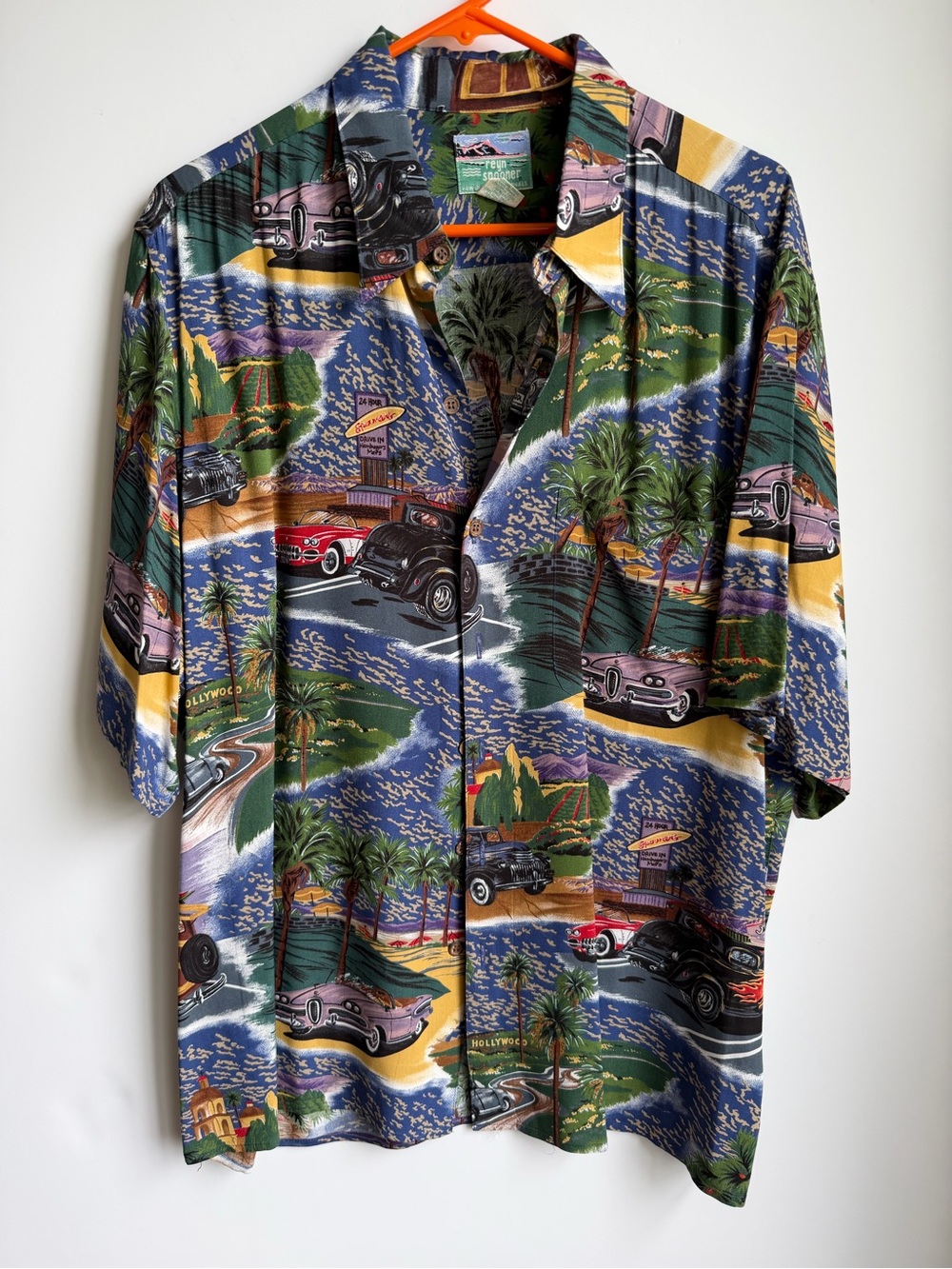 VTG Reyn Spooner Hawaiian Button Down Short Sleeve Shirt L Hot Rods Hollywood